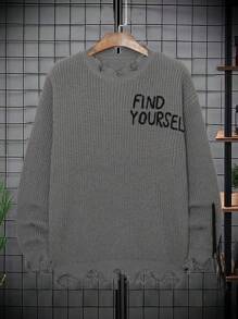 Manfinity Homme Suéter De Talla Grande Para Hombres Con Detalles Desgastados Y Estampado De Alfabeto - Gris Oscuro - Ver 1
