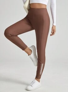 SHEIN Essnce Leggings With Text Pattern - Rust Brown - View 3