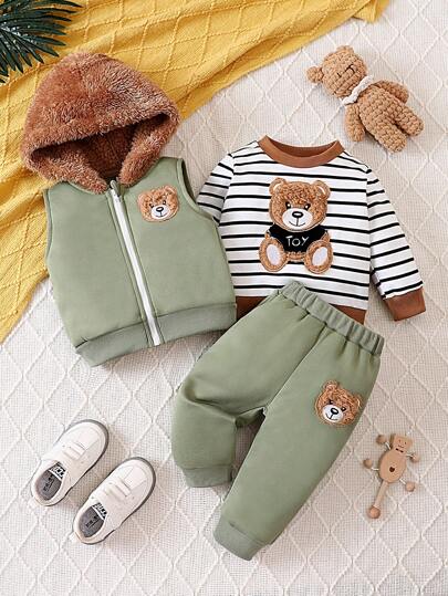 SHEIN Playful Pals Baby Boys' Bear Applique Striped Hooded Vest, Hoodie And Pants Set