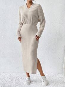 SHEIN Frenchy Robe Fendue De Couleur Unie À Côtes Pour Femme