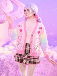 ROMWE X Care Bears 熊与心刺绣纽扣正面开衫，学校 - 彩色 - 查看 3