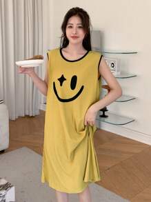 DAZY 女式笑臉印花家居服連身裙 - 黃色 - 查看 1