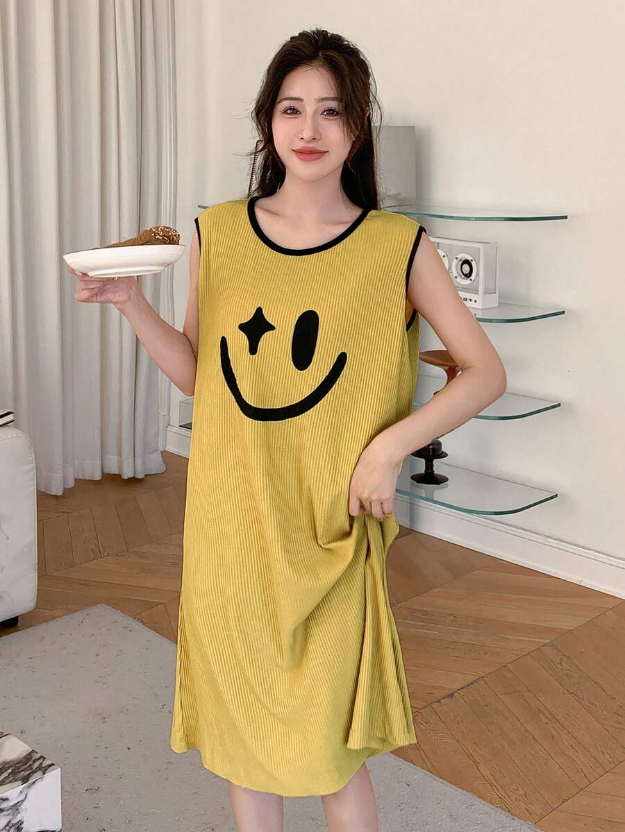 DAZY 女式笑臉印花家居服連身裙 - 黃色 - 查看 1
