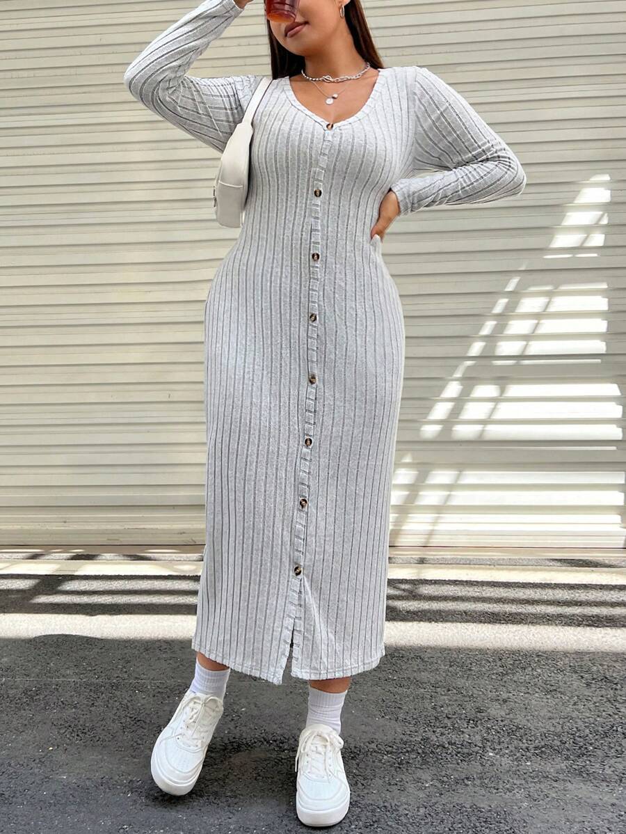 SHEIN CURVE+ Kích thước lớn Của phụ nữ Sọc Dài Đầm - màu đen - Xem 1