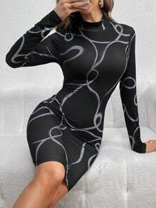 SHEIN Privé Women's Colorblock Stand Collar Long Sleeve Dress - Black - View 1