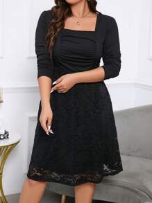 SHEIN Clasi 女士加大號方領褶皺與蕾絲拼接裙 - 黑色 - 查看 1