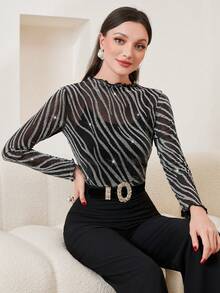 Modelyn 斑馬紋圓領上衣 - 黑色 - 查看 5
