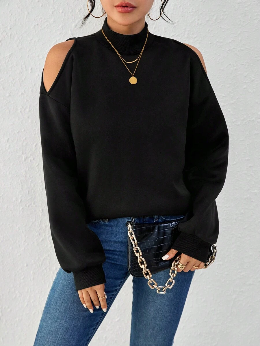 SHEIN Essnce Áo len cổ đứng hở vai dành cho nữ - màu đen - Xem 1