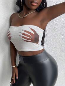 SHEIN Slayr Blusa Blanca Sin Tirantes De Mujer Con Diseño De Estampado De Mano - Blanco - Ver 5