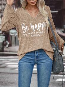 SHEIN LUNE Women's Slogan Print Raglan Sleeve T-shirt - Brown - View 4