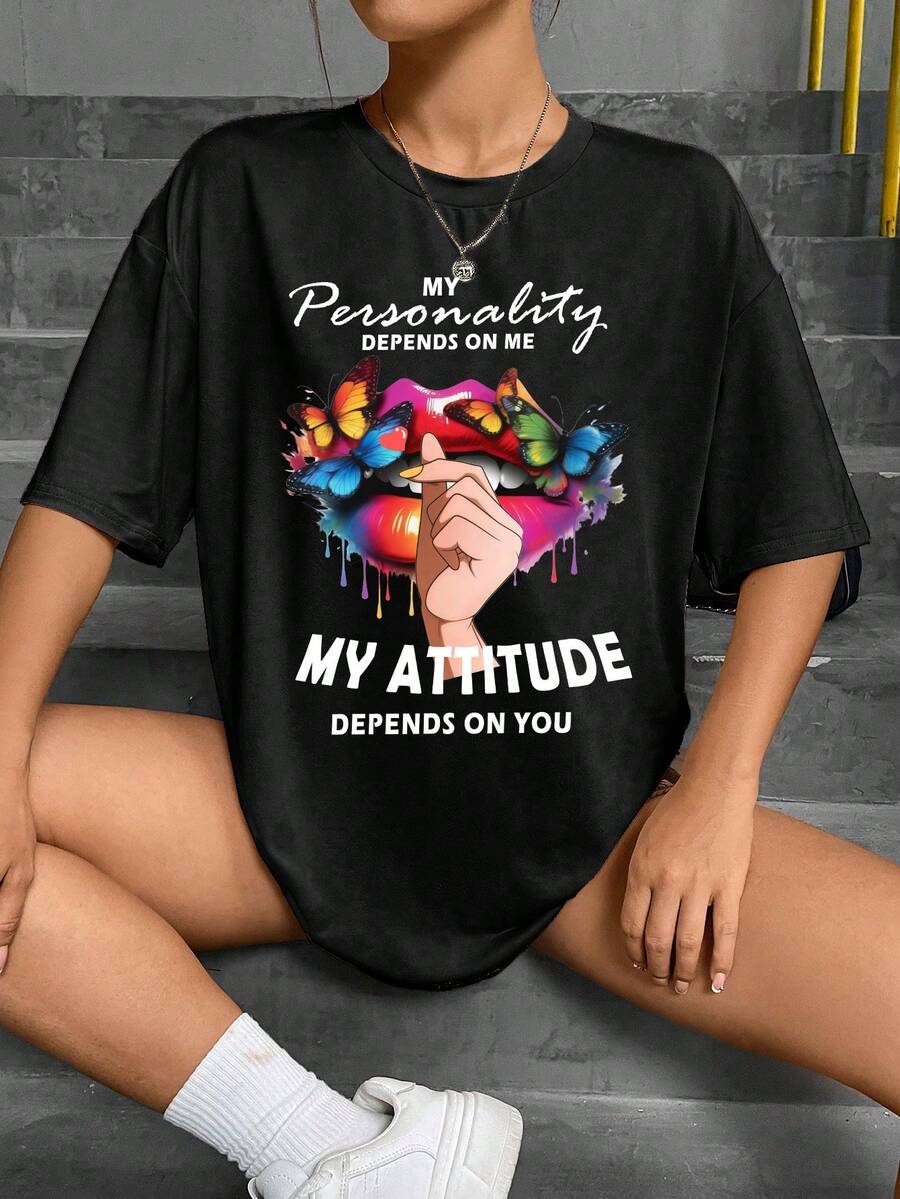 SHEIN EZwear 女士蝴蝶和唇印花t恤