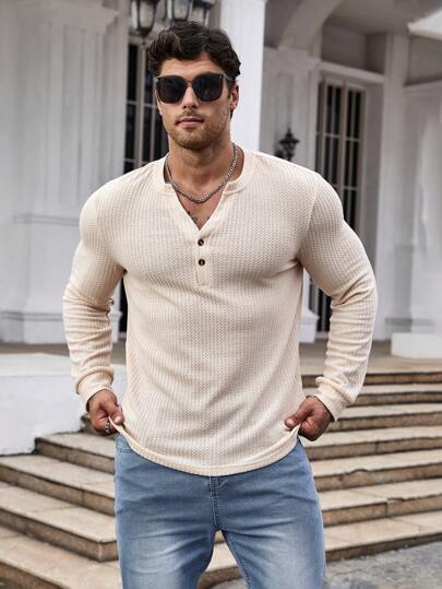 Manfinity Homme Camiseta de manga larga con cuello en pico y tejido de gofre para hombres, para el otoño