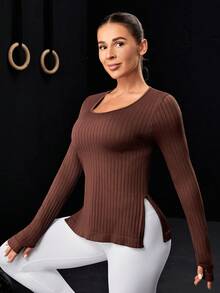 Easithlete 女式圓領淨色長袖運動t卹 - 咖啡棕 - 查看 3