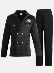 Boys' Striped Double-breasted Button Blazer Trousers Two-piece Gentleman's Suit - Black - View 1