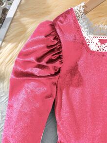 SHEIN Girls' Lace Trim Velvet Puff Long Sleeve Dress - Hot Pink - View 6