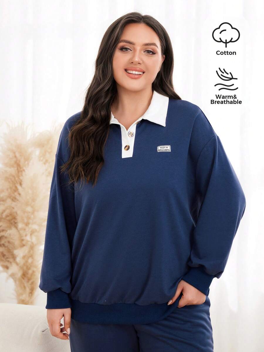 Mulvari Plus Letter Patched Polo Neck Drop Shoulder Sweatshirt Pullover Fall Sweatshirt - Navy Blue - View 1