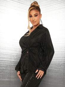 SHEIN SXY 性感俱乐部女式褶皱交叉衬衫 - 黑色 - 查看 4