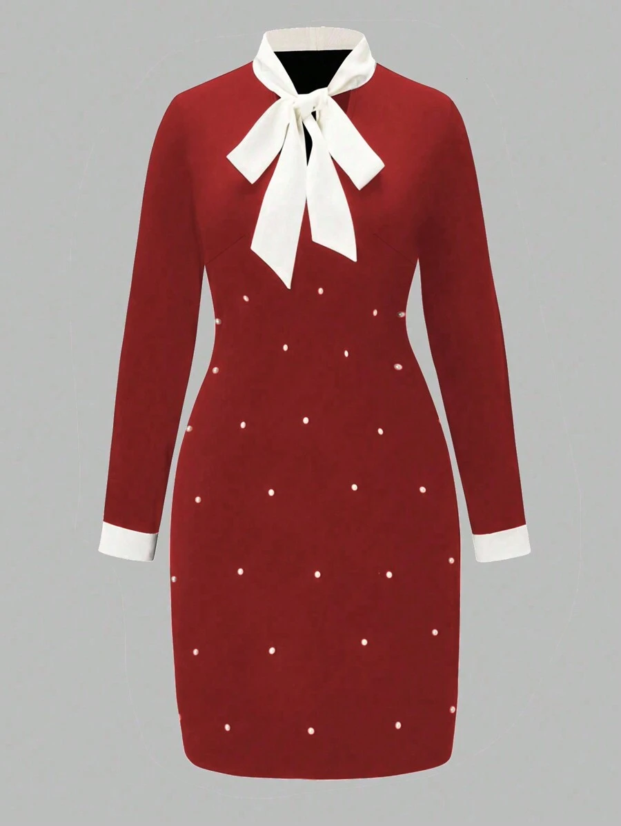 SHEIN Clasi Kích thước lớn Knotted Đường viền cổ áo Trân châu Dát Đầy Đầm - Đỏ - Xem 1
