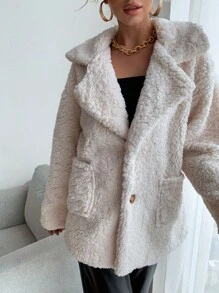 SHEIN Unity Drop Shoulder Pocket Patched Fleece Coat Fall Winter Cloth For Women - Beige - View 4