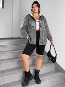 SHEIN EZwear 女裝大尺碼字母印花拉鍊連帽衛衣 - 深灰色 - 查看 5