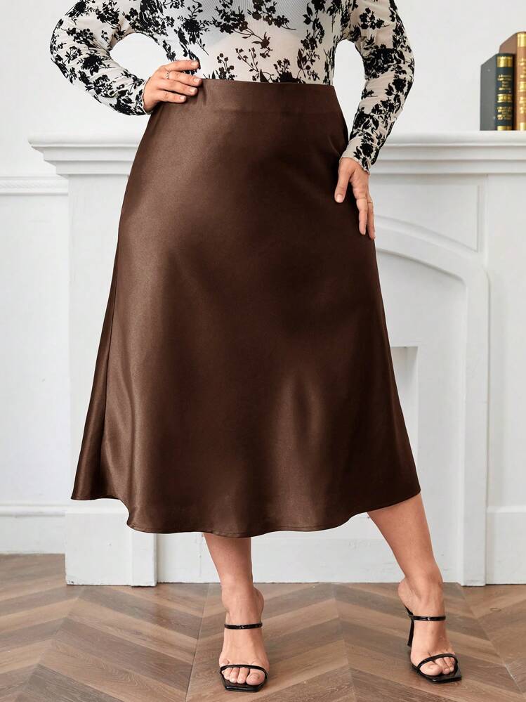 SHEIN Privé Plus Size High Waist A-Line Satin Maxi Skirt | SHEIN USA