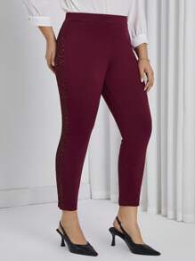 SHEIN Privé Women's Plus Size Patchwork Glitter Leggings - Burgundy - View 1