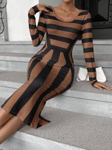 SHEIN Privé Quý cô Sọc Váy bodycon - màu nâu - Xem 1