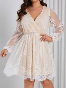 SHEIN Privé 大尺碼蕾絲網紗燈籠袖禮服 - 杏色 - 查看 1