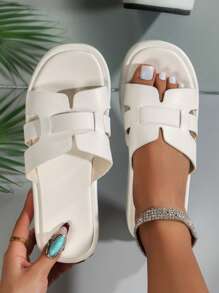 假期季节女士蟒蛇压纹厚底坡跟凉鞋，女士舒适坡跟凉鞋，女士优雅家居拖鞋，适合派对、户外、时尚、圣诞节、仿皮厚底坡跟拖鞋 - 白色 - 查看 6