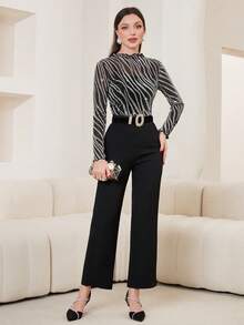 Modelyn 斑馬紋圓領上衣 - 黑色 - 查看 3