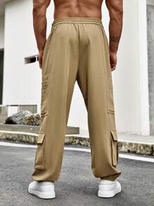 Manfinity Homme Loose-Fit Men's Plus Size Elastic Waist Drawstring Jogger Pants With Pockets - Khaki - View 2