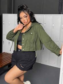 SHEIN EZwear Women's Plus Size Green Denim Jacket With Hood - Army Green - View 5