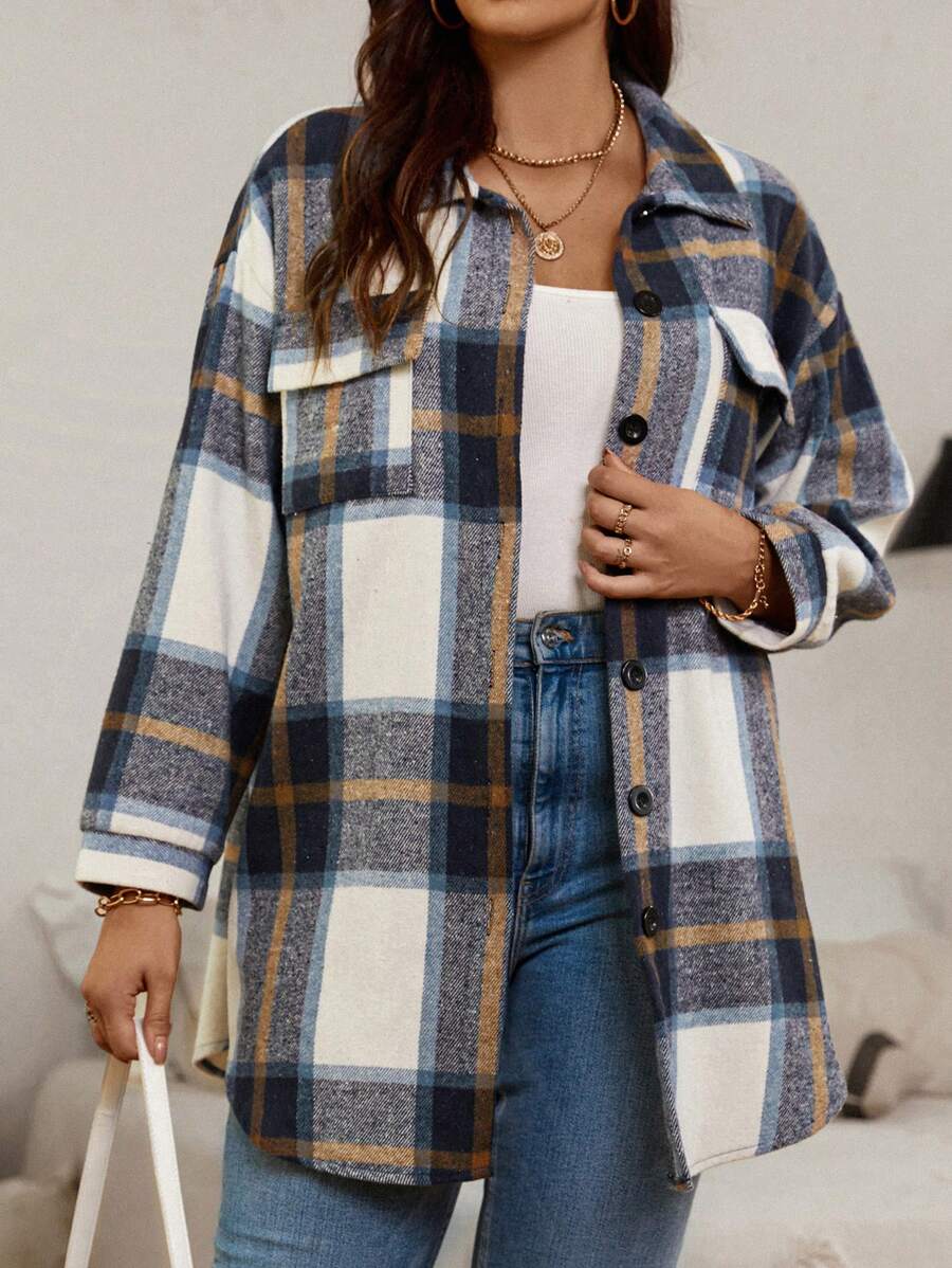 SHEIN LUNE Kích thước lớn Của phụ nữ Kẻ sọc Thả vai áo - Màu Cam cháy - Xem 1