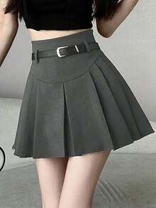 Rok Lipit Polos dengan Sabuk, Kasual - Dark Grey - View 6
