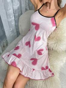Hình trái tim In Khối màu Cắt tỉa Cami Váy ngủ Với Ruffled Hem - Hồng - Xem 4