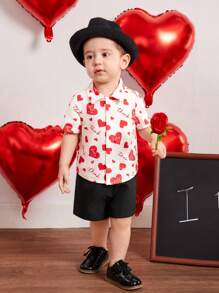 SHEIN Baby Boys' Gentleman Outfits, Heart Pattern Casual Shirt, Solid Color Vest, Shorts, 3pcs/set - Red - View 5