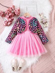 SHEIN 小女孩時尚豹紋外套和連衣裙套裝,適用於休閒穿著,適用於秋冬季節