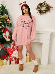 SHEIN Qutie Của phụ nữ Giáng sinh Thêu Khẩu hiệu Đầm nỉ - Hồng - Xem 6