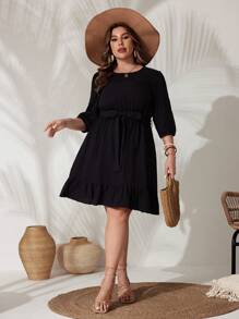 SHEIN VCAY Plus Size Round Neck Lantern Sleeve Dress With Belt