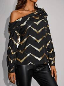 SHEIN Clasi 不對稱領口幾何圖案襯衫 - 黑色 - 查看 4