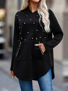 女款抽繩連帽運動衫,袋鼠口袋飾有飾釘 - 黑色 - 查看 8