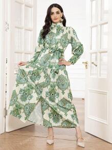 Elegant Stand Collar Floral Printed Shirt Dress With Belt For Women, Arabian Style