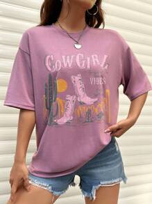 SHEIN Unity Ladies' Western Cowboy Boot Printed T-shirt - Purple - View 5