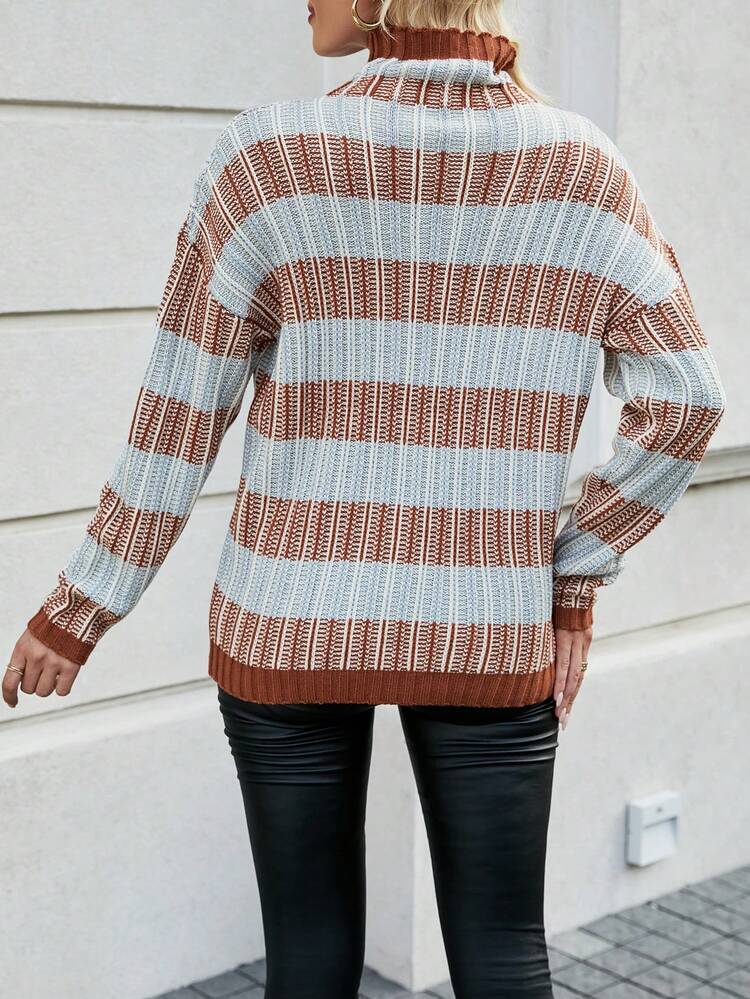 Colorblocked Striped High Neck Knit Pullover Fall Winter Sweater