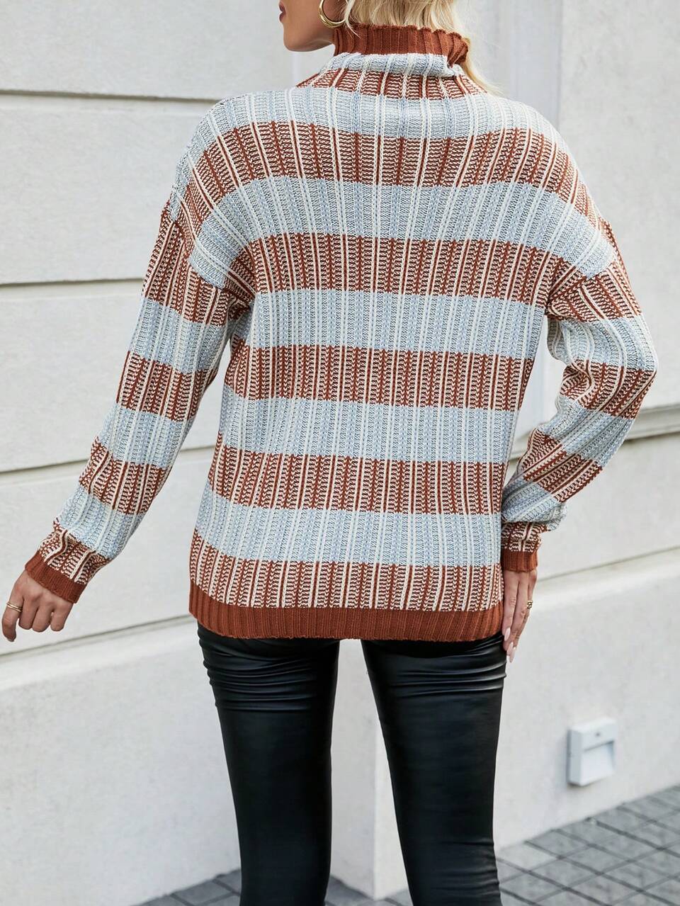 Colorblocked Striped High Neck Knit Pullover Fall Winter Sweater