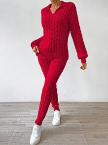 SHEIN Essnce 女士針織圍巾毛衣2入組 - 紅色 - 查看 3