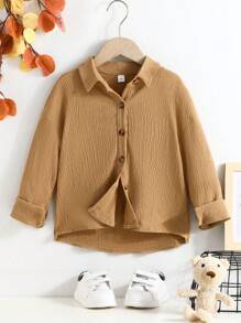 小女孩春秋長袖鈕扣休閑襯衫 - 棕色 - 查看 1