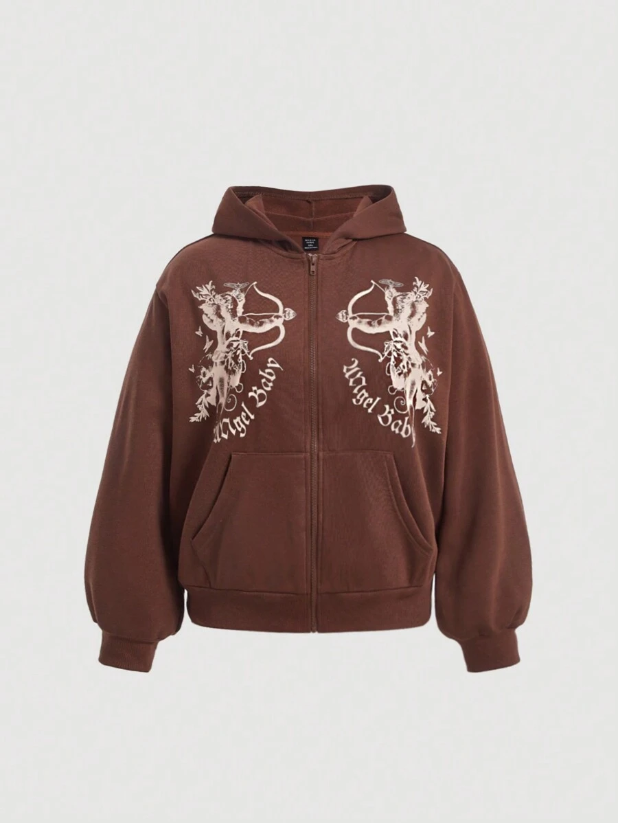SHEIN MOD Plus Size Letter And Angel Print Zip Up Sweatshirt - Rust Brown - View 1