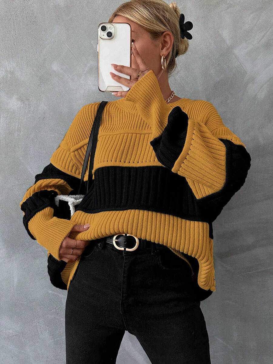 EURMUSE Colorblock Drop Shoulder Sweater - Yellow - View 1