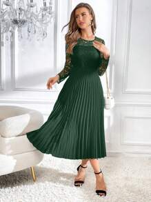 SHEIN Privé 女士花邊拼接褶皺裙 - 墨綠色 - 查看 4